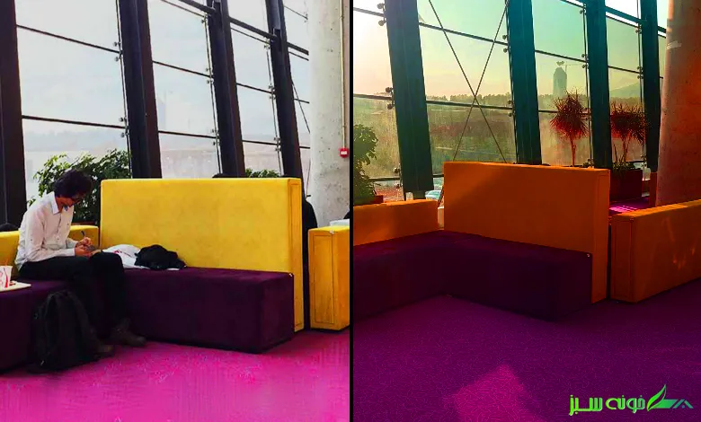 فضای لمکده باغ کتاب تهران با طراحی راحت و آرامش‌بخش برای استراحت