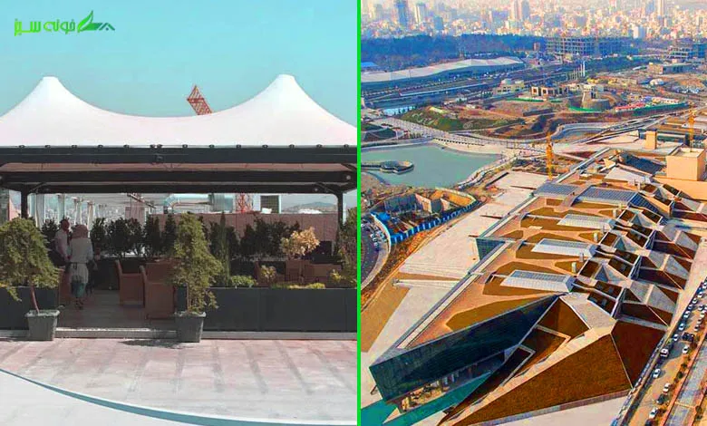 نمای زیبا از پشت بام باغ کتاب تهران با چشم‌انداز وسیع از محیط اطراف