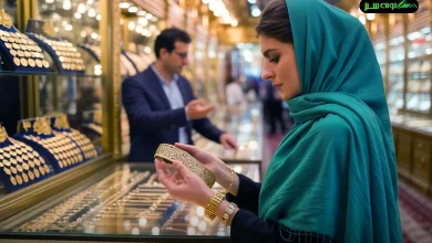 تصویری از یک زن و مرد در حال بررسی جواهرات طلا در یک فروشگاه لوکس طلا و جواهرات با ویترین‌های پر از گردنبند و دستبندهای زینتی در شمال تهران.