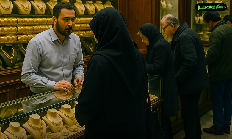 تصویری از یک طلافروشی لوکس در غرب تهران که مشتریان با دقت مشغول انتخاب و خرید طلا هستند؛ فضای گرم و صمیمی با ویترین‌های شکیل و نورپردازی حرفه‌ای.